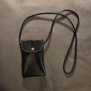 Black Leather Crossbody Bag with Pink Crystals